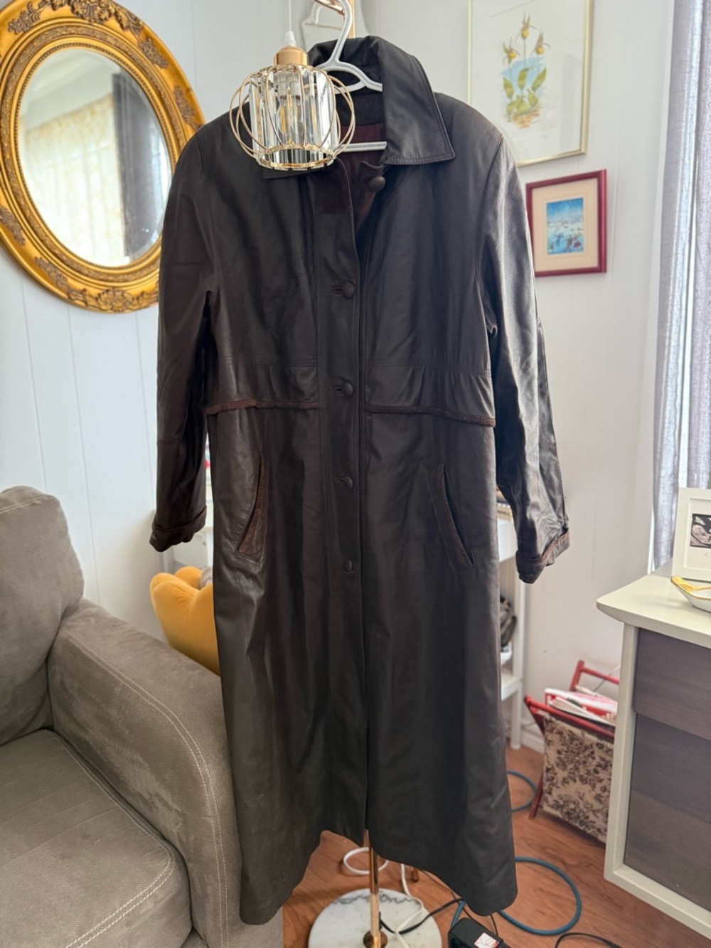 Vintage 90s Chocolate Brown Leather Suede Trim Long Trench Duster Grunge Matrix - Picture 4 of 8